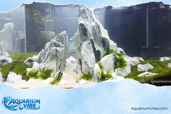 Đá tuyết sơn 4 Bố cục đá tuyết sơn tạo hình dãy núi ở trung tâm và rêu xung quanh tạo tiểu cảnh hồ cá