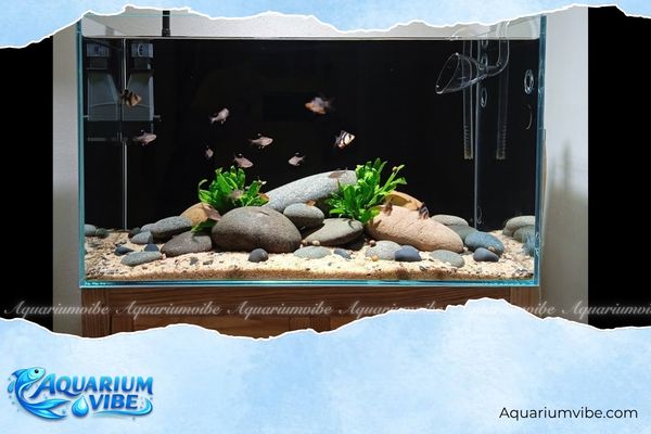 Sỏi cuội 4 Đá cuội kết hợp với đá nham thạch, đá tiger tạo bố cục hài hòa trong hồ thủy sinh